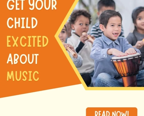 Get Your Child Excited About Music. Read now! Image shows young students playing musical instruments in a music class.
